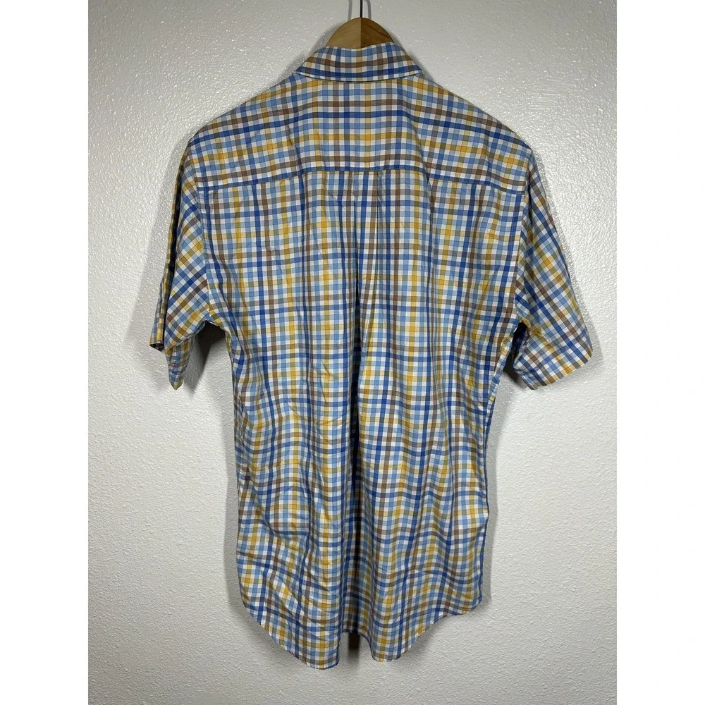 Peter Millar Shirt Mens Medium Blue Yellow Plaid Check Button Down Short‎ Sleeve